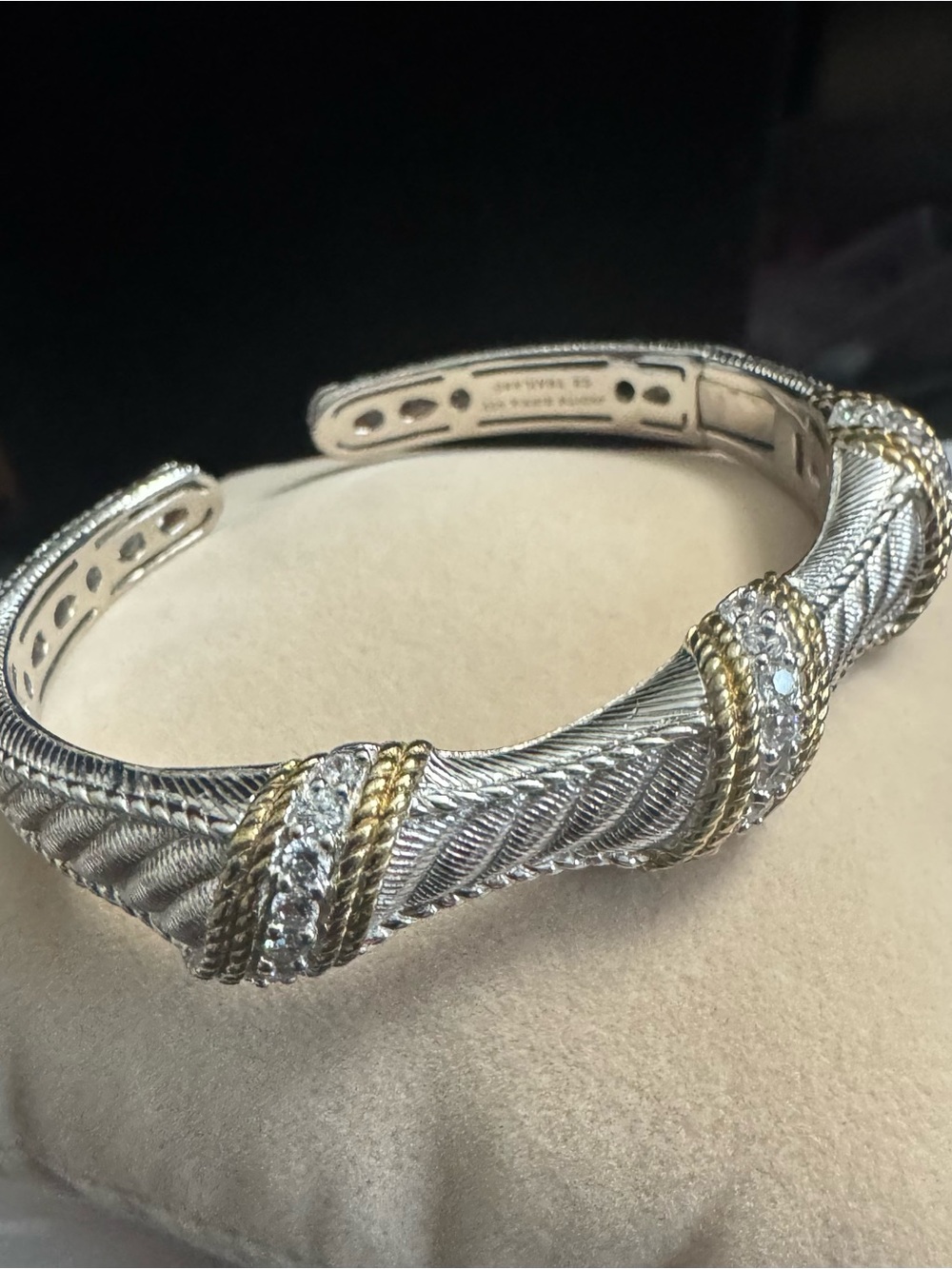 Judith Ripka 925 Silver Braided Cuff Bracelet w/Gold Texture Trim & Diamonique - Picture 3 of 13
